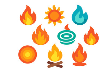 Various stylized icons and symbols representing fire, flame, heat, sun, and energy