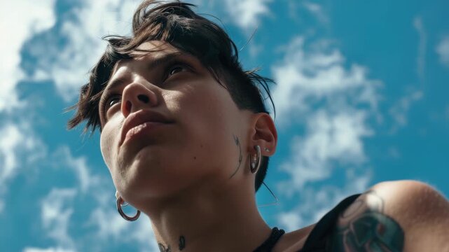 Close-up shot of a person looking up at the sky with tattoos on their arm and piercings in their ears.