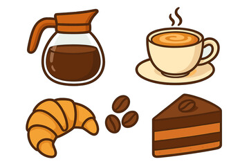 Breakfast and coffee items set with glass pot, steaming cup, fresh croissant, and chocolate cake slice