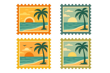 Obraz premium Colorful vintage stamp design showing beach scenes with palm trees and sunsets over the ocean