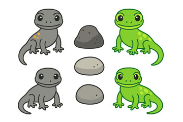 Cute cartoon lizards in green and gray colors with small gray rocks set