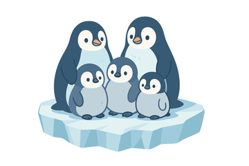 Happy penguin family portrait with two adult birds and three cute baby chicks standing on ice