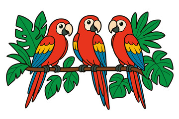 Group of bright red macaws sitting on a tree branch with lush green jungle foliage