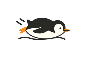 Adorable cartoon penguin character sliding quickly on its belly across a flat surface
