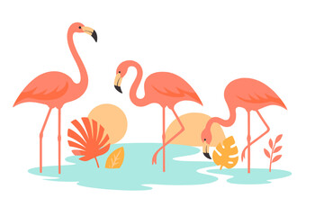 Three elegant pink flamingos wading among exotic plants and abstract shapes in a tropical setting