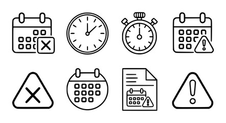Eight black line of calendars clocks and warning symbols stopwatch
