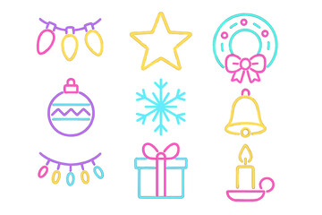 Neon outline Christmas and New Year holiday icons set with lights, star, wreath, snowflake, and gift