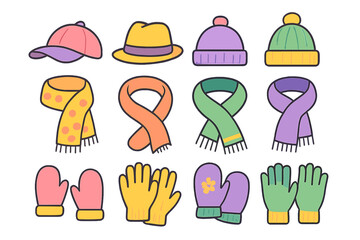 Collection of winter accessories including colorful hats, scarves, and gloves arranged neatly for seasonal fashion