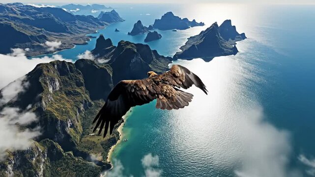 Majestic eagle gliding effortlessly above rugged island mountains, ocean shimmering below, soft drifting clouds framing its wings, dramatic aerial perspective, cinematic 4K HD wildlife footage