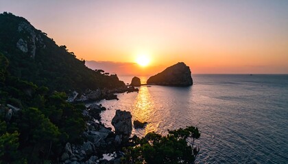 Golden Sunset Over Rocky Coastline Seascape.