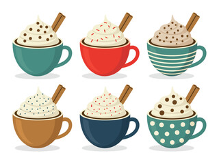 Six colorful cups of hot cocoa with whipped cream and cinnamon sticks