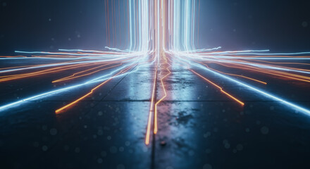 A striking visual of futuristic digital data streams intersecting and flowing in a luminous display.