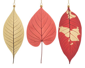 Obraz premium Three Detailed Leaf Skeleton Christmas Ornaments, isolated on white background.