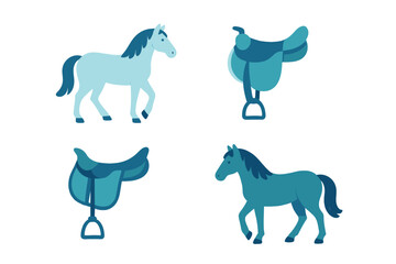 Stylized set of horses and equestrian saddles in blue shades for farm and riding concepts