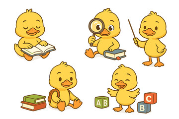 Cute yellow ducks engaging in various educational activities in a playful and colorful setting