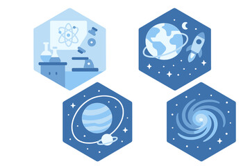 Science and space themed icons showcasing exploration, discovery, and innovation in a creative design