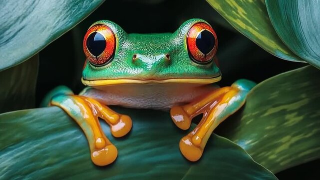 Bright green frog seen resting among green leaves in a tropical setting during daytime