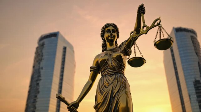 Golden statue of a woman with scales and a sword, symbolizing justice, standing in front of contemporary office buildings at sunset.