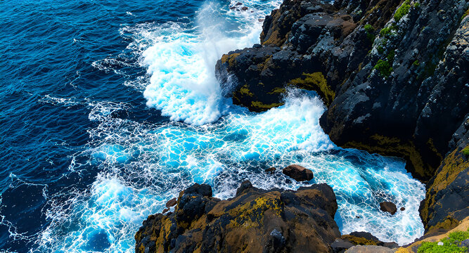 aerial view of powerful ocean waves crashing violently over jagged volcanic rocks - Powered by Adobe