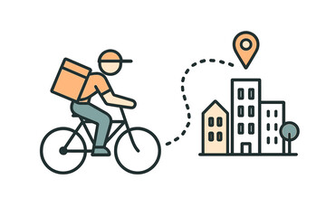 Delivery courier riding a bicycle carrying a package to a city location pin destination
