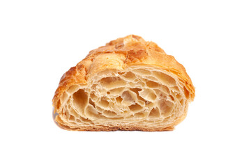 Fresh croissant cut in half, isolated on white background