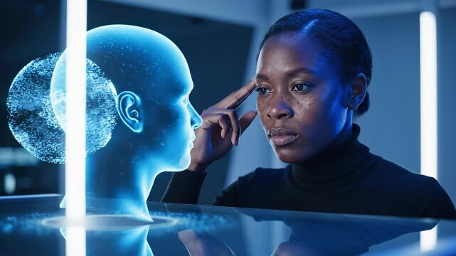 Woman thinks near holographic head with particle brain on table. Scientist contemplates ai mind in laboratory. Woman studies holographic brain. Thinking about ai head with neural particles.