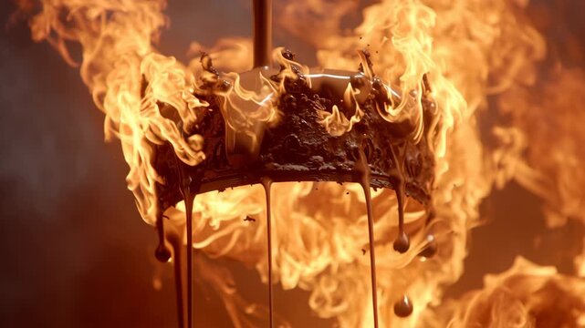 Crown burning on the ground symbolizing war and defeat concept. Epic fantasy dramatic burning crown symbolizing a fallen empire.