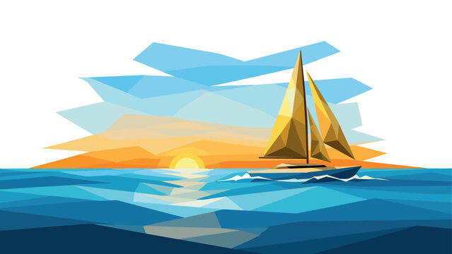 Geometric sailboat at sunrise on abstract ocean