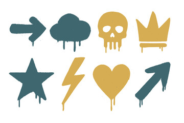Eight grunge spray paint symbols including skull, crown, heart, star, lightning bolt, and arrows
