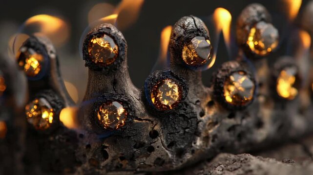 Crown burning on the ground symbolizing war and defeat concept. Epic fantasy dramatic crown burning fiercely as shadows rise around ruined stone.