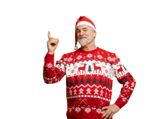 Merry mature man wear knitted christmas sweater Santa hat presenting something on transparent background. New year shopping idea concept. New Year 2026 Christmas