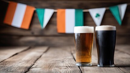St. Patrick's Day celebration with pints of beer and festive flag decorations on wooden table