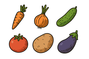 Hand drawn set of fresh vegetables including carrot, onion, cucumber, tomato, potato, and eggplant