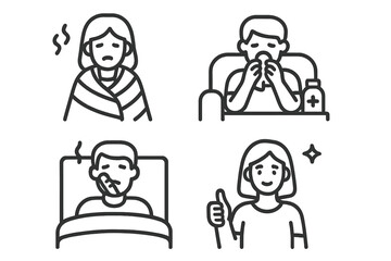 Stages of illness icons showing sickness, fever, medication, and full recovery