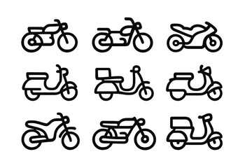 Naklejka premium Black outline symbols of various motorcycles and scooters for urban transport and delivery