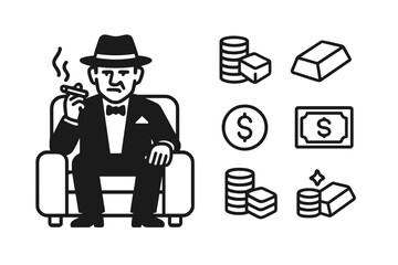 Set of financial assets symbols and a wealthy man in a suit sitting and smoking