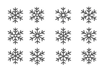 Collection of simple outline icons featuring various unique snowflake shapes for winter design
