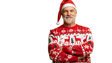 Merry satisfied smiling mature man wear knitted christmas sweater Santa hat posing on isolated...