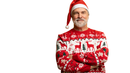 Merry satisfied smiling mature man wear knitted christmas sweater Santa hat posing on isolated transparent background. Happy New Year 2026 celebration holiday concept