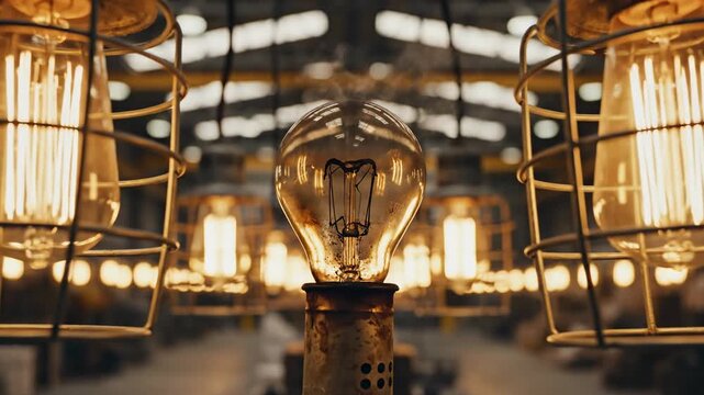 Abstract view showing a single non-illuminated burnt bulb standing out among rows of brightly glowing working industrial cage lamps in a warehouse setting lamps, fixture, view