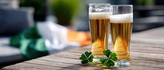 Celebrate St. Patrick's Day with light brown lager beer and clover leaves on a wooden table with a festive flag in the background