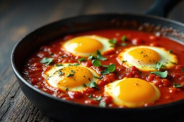Vibrant red shakshuka bubbling, eggs nestled in sauce, meal, weekend