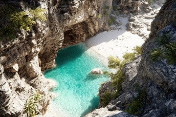Obraz premium Scenic hidden cove with crystal turquoise water, white sand beach, framed by rocky cliffs