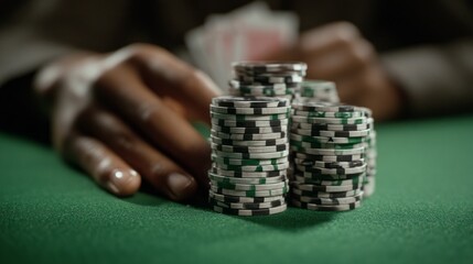 Poker chips tower in vibrant stacks against a lush green felt, glistening in the dim light. Fingers gently grasp cards, hinting at the focus and strategy in a thrilling card game setting