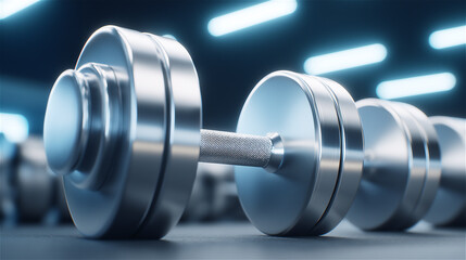 Close-up of metal dumbbells on rack in modern gym interior, concept of strength training, fitness equipment, bodybuilding, healthy lifestyle and professional workout environment.