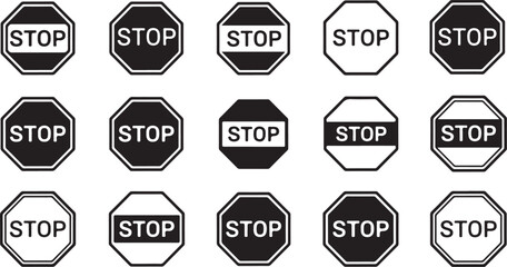 Black and white stop signs in various styles on white background Keywords: stop sign, stop, black, white, octagon, symbol, traffic, warning
