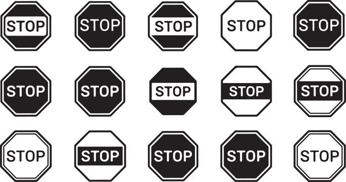 Black and white stop signs in various styles on white background Keywords: stop sign, stop, black, white, octagon, symbol, traffic, warning