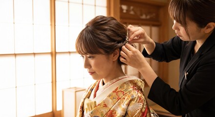 ヘアセットをする和装の女性