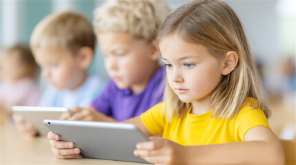 Children sitting at table using digital tablet in classroom setting, focused and engaged, concept of education, learning technology, childhood development and modern schooling.