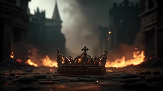 Crown burning on the ground symbolizing war and defeat concept. Epic fantasy dramatic flame-lit steel crown marking downfall of royalty.